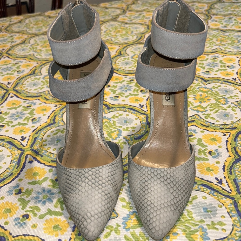 Light gray strapped high heel stilettos